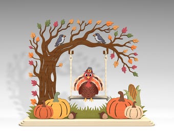 May include: Thanksgiving-themed wooden decoration featuring a turkey on a swing under a tree with colorful leaves. Pumpkins, acorns, and corn complete the autumn scene. The decoration is made of wood and has a 3D effect.