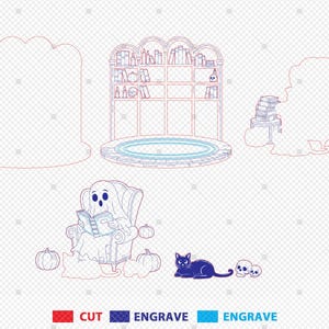 May include: Line art illustration of a Halloween-themed scene. A ghost reads a book in a chair, surrounded by pumpkins. A black cat and skulls are also present. A bookshelf, a tombstone, and a circular rug are also depicted.