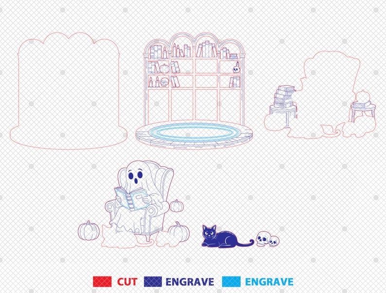 May include: Line art illustration of a Halloween-themed scene. A ghost reads a book in a chair, surrounded by pumpkins. A black cat and skulls are also present. A bookshelf, a tombstone, and a circular rug are also depicted.