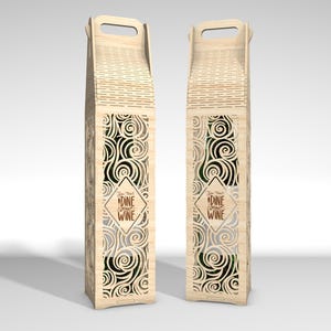 May include: Two wooden wine bottle carriers with a handle, featuring a decorative swirl design and the text "Dine Without Wine". The carriers are made of light-colored wood and have a rectangular shape.