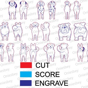 May include: A sheet of printable dog silhouette designs for cutting, scoring, and engraving. The designs include a variety of dog breeds in different poses. The sheet also includes a color key for each process.