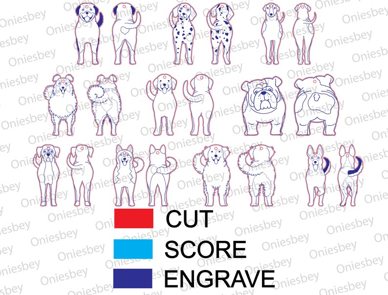 May include: A sheet of printable dog silhouette designs for cutting, scoring, and engraving. The designs include a variety of dog breeds in different poses. The sheet also includes a color key for each process.