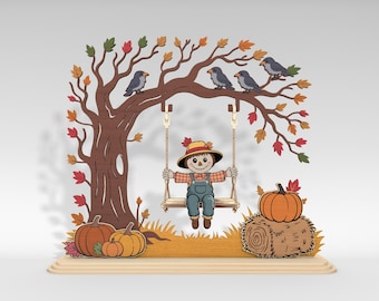 Chilling Scarecrow On Swing 3D Laser Cut SVG, Cute Scarecrow Fall Decor svg, Fall Thanksgiving Standing Sign svg, Glowforge svg files