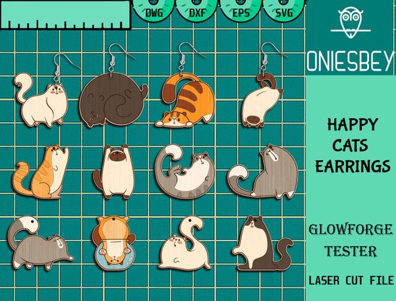 Funny Cat Earrings Svg Bundle, Happy Cats Svg, Earrings Laser cut files, Cute Cat Earring SVG, Glowforge SVG Files, Digital File