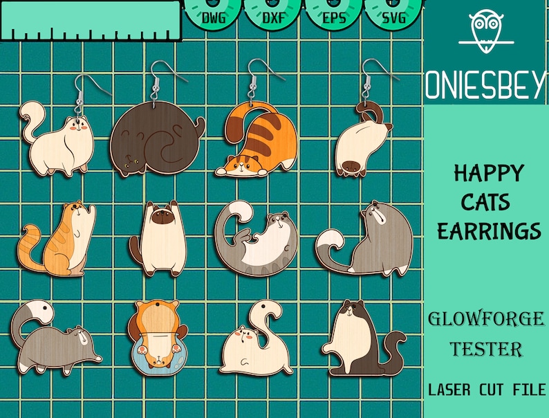 Roliga kattörhängen Svg-paket, glada katter Svg, örhängen laserskurna filer, söt kattörhänge SVG, Glowforge SVG-filer, digital fil bild 1