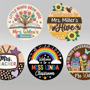 Cartello porta insegnante personalizzato in formato SVG, pacchetto di cartelli rotondi per aule in formato SVG, temi arcobaleno, floreale, retrò, ape, file SVG Glowforge, file tagliati al laser