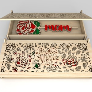 Caixa de presente para o dia das mães com rosa SVG, rosa de madeira svg, presente para a mãe, svg para o dia das mães, presentes para o dia das mães, arquivos svg Glowforge, arquivos cortados a laser