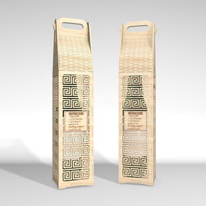 May include: Two light-colored wooden wine bottle boxes with a handle at the top. The boxes feature a repeating black Greek key design and a rectangular label with instructions. The boxes are tall and rectangular.