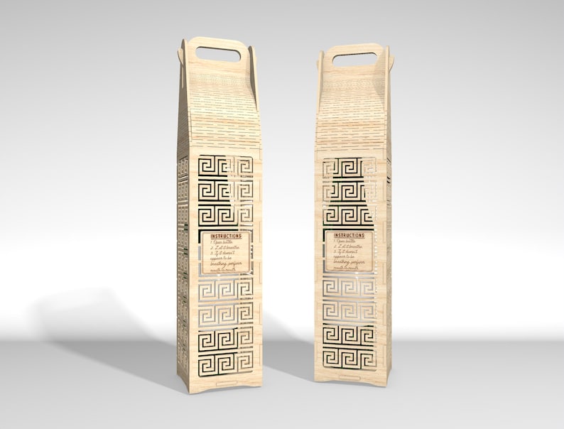 May include: Two light-colored wooden wine bottle boxes with a handle at the top. The boxes feature a repeating black Greek key design and a rectangular label with instructions. The boxes are tall and rectangular.