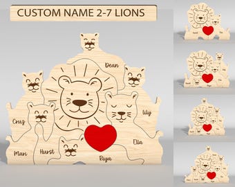 Personalisierte Löwenfamilie Puzzle SVG, Lion Puzzle Pieces svg, Vatertagsgeschenke, Muttertags svg, Glowforge svg-Dateien, Laser-Schnitt-Dateien