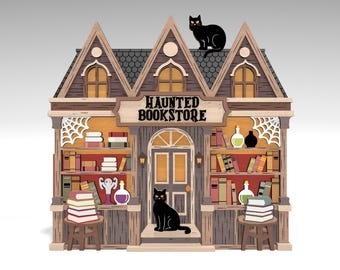 Multilayer Haunted Bookstore SVG, Gothic Library with Black Cat & Potion Laser Cut File, 5 Layer Art Piece for Glowforge, Laser cut file