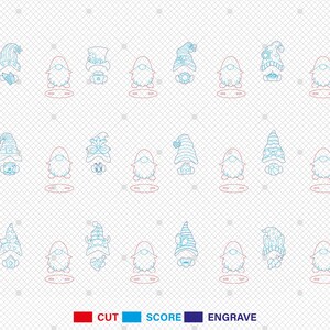 May include: A grid of gnome designs in various styles, with hats and beards. The designs are in blue and red outlines, with the words "CUT", "SCORE", and "ENGRAVE" in red, blue, and dark blue, respectively, at the bottom.