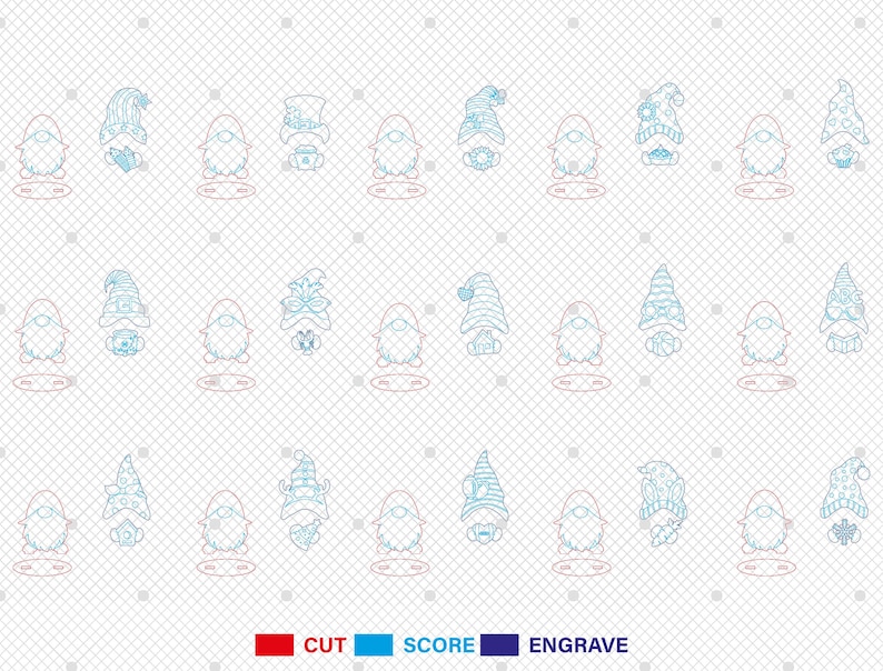 May include: A grid of gnome designs in various styles, with hats and beards. The designs are in blue and red outlines, with the words "CUT", "SCORE", and "ENGRAVE" in red, blue, and dark blue, respectively, at the bottom.