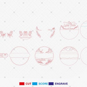 Pode incluir: Uma cole&ccedil;&atilde;o de designs cortados a laser em vermelho, incluindo cadeiras Adirondack, um cais e cenas da natureza dentro de c&iacute;rculos. O texto "On Lake Time" &eacute; vis&iacute;vel. A parte inferior da imagem mostra uma chave de cores para cortar, marcar e gravar.