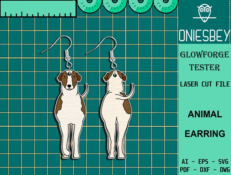 May include: A pair of laser cut wooden earrings featuring a brown and white dog. The earrings are designed to look like the dog is standing on its hind legs. The earrings are labeled "Animal Earring" and "Glowforge Tester".