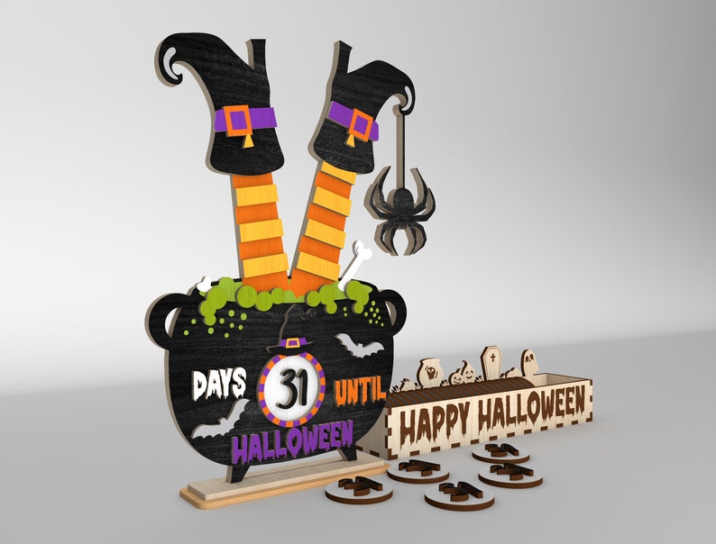 May include: Wooden Halloween countdown calendar with a witch's legs in a cauldron, a spider hanging from the cauldron, and a sign that says "Happy Halloween". The calendar has 31 days until Halloween.