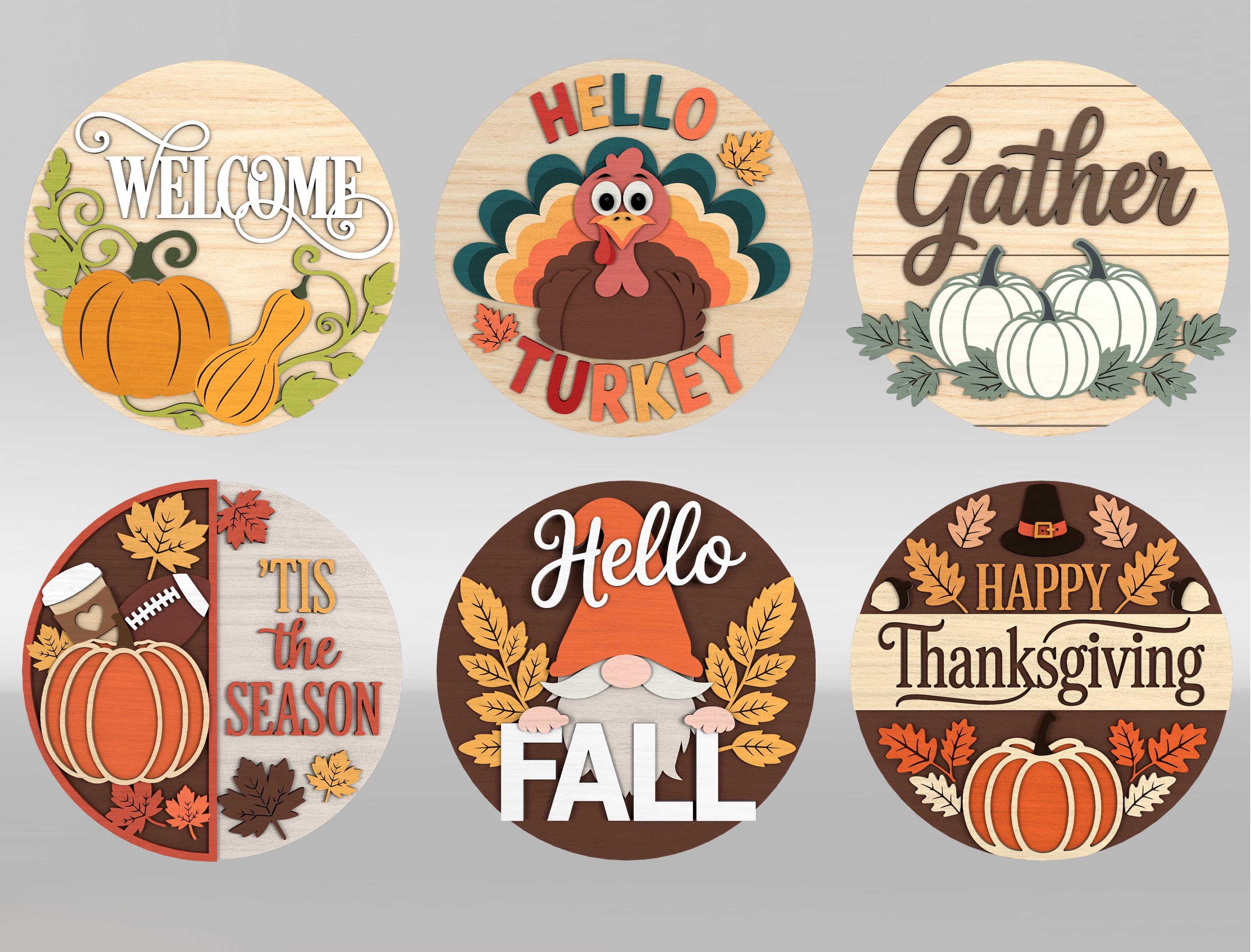 Fall Thanksgiving Door Sign SVG Bundle, Pumpkin Turkey Gnome Round Sign Laser Cut Files, Autumn Porch Decor for Cricut & Glowforge svg files