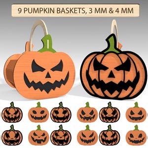 Op de afbeelding: Oranje pompoenmanden met zwarte gezichten en handvatten. De afbeelding bevat de tekst "9 PUMPKIN BASKETS, 3 MM & 4 MM". De manden zijn ontworpen voor Halloween-decoraties.