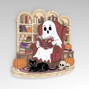 May include: A wooden Halloween-themed decoration featuring a ghost reading a book in a red armchair. A black cat, pumpkins, and skulls are also present. The background includes a bookshelf with books and candles. The overall design is a whimsical, spooky scene.