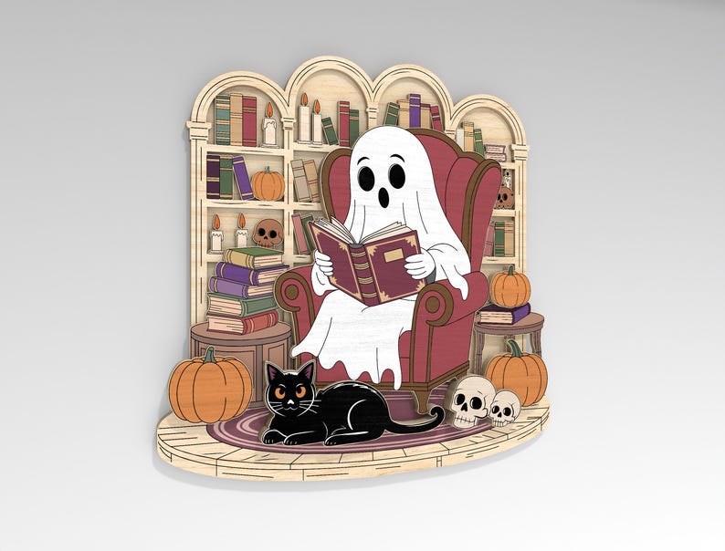 May include: A wooden Halloween-themed decoration featuring a ghost reading a book in a red armchair. A black cat, pumpkins, and skulls are also present. The background includes a bookshelf with books and candles. The overall design is a whimsical, spooky scene.