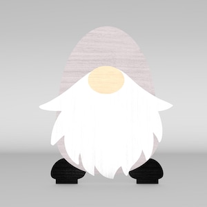May include: A wooden gnome figure with a light gray hat, a yellow nose, and a large white beard. The gnome has black shoes and is a decorative item.