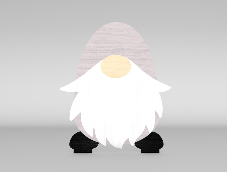 May include: A wooden gnome figure with a light gray hat, a yellow nose, and a large white beard. The gnome has black shoes and is a decorative item.
