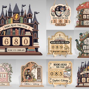 May include: A selection of wooden book counters, each with a unique design. One is a castle-shaped counter displaying "Books Read This Year" and "680". Other designs include a cat, a mushroom house, a teapot, and a tree, each with a counter and a library name.