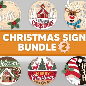 Christmas Sign SVG Bundle 2, Christmas Door Hanger Laser Cut Files, Santa Reindeer Gingerbread Barn Round Sign SVG Set, Glowforge svg files
