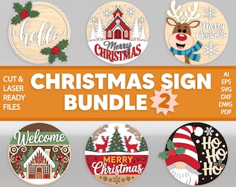 Weihnachtsschild SVG-Bundle 2, Weihnachts-Türhänger Laser Cut-Dateien, Weihnachtsmann-Renlebkuchen-Scheune rundes Zeichen SVG-Set, Glowforge-Svg-Dateien