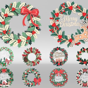 10 Wooden Christmas Wreath Laser Cut SVG, 3D Layered Reindeer & Merry Christmas Wreath svg, Christmas Wall hanger sign svg, Laser cut files