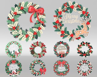 10 hölzerner Weihnachtskranz Laser geschnitten SVG, 3D geschichtete Rentier & frohe Weihnachtskranz svg, Weihnachtswand-Aufhänger Zeichen svg, Laser-Schnittdateien