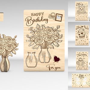 Pacote de cartão pop-up de feliz aniversário svg, cartão de madeira de feliz aniversário svg, cartão de presente de aniversário svg, arquivos svg Glowforge, arquivos cortados a laser