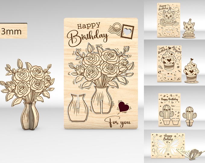 Happy Birthday 3D Pop up Card SVG, Bouquet Happy Bday Handmade, Laser ...