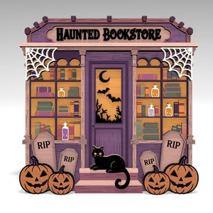 Peut inclure: Décoration en bois d'Halloween représentant une librairie hantée. L'enseigne indique "HAUNTED BOOKSTORE". Un chat noir est assis sur les marches, avec des citrouilles et des pierres tombales devant. La porte a une silhouette de lune et de chauve-souris.