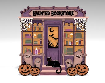 Multilayer Haunted Bookstore SVG, Layered Spooky Cat & Pumpkin Bookshop Laser Cut File, 7 Layer Art Piece for Glowforge, Laser cut file