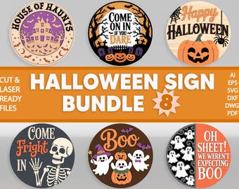 Paquete SVG de letreros divertidos para puerta de Halloween, colgadores de puerta con citas de calabaza, esqueletos fantasma, archivos cortados con láser, decoración de Halloween SVG, archivos SVG de Glowforge