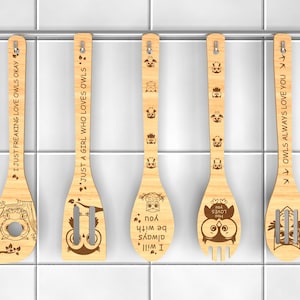 Chouette mignonne cuillères en bois svg, svg amateurs de chouette, chouette cuisine cadeau svg, cuillère gravure citations SVG, cadeau pour maman, fichiers svg Glowforge, fichiers découpés au Laser