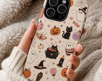 Halloween Phone Case, Ghosts and Candy iPhone Cover, Pumpkin and Black Cat Case, Spooky Sweets Phone Case, Halloween Decor