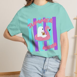 Comfort Colors Summerween Tee featuring whimsical ghosts and a unique combination of summer energy and Halloween spirit. This fun spooky summer top offers a soft, relaxed fit for beach days, pool parties, festivals, vacations, casual wear, and early spooky season celebrations.