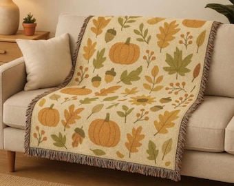 Fall Cotton Woven Blanket: Pumpkins, Leaves, & Cottagecore Decor, Housewarming Gift