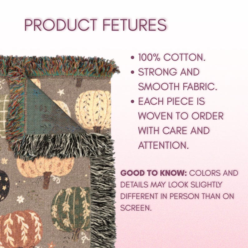 Fall pumpkin blanket decorated with patchwork-style pumpkins, colorful autumn flowers, leaves, and botanical details in warm orange, rust, cream, brown, and green tones. A cozy fringed woven throw for farmhouse living rooms, bedrooms, and autumn home decor.