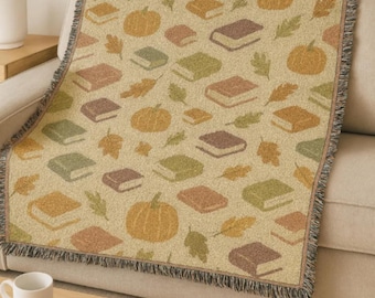 Cozy Bookish Woven Cotton Blanket: Fall Reading Throw Book Lover Gift