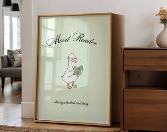 Stampa artistica "Bookish Goose Reading": accogliente decorazione per biblioteca (download digitale)