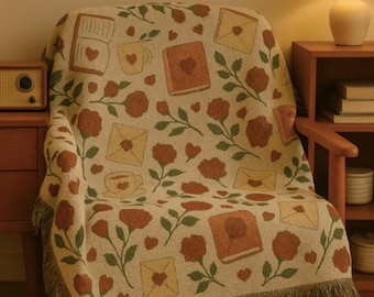 Woven Cotton Book Lover Blanket, Romance Novel Throw, Literary Home Decor