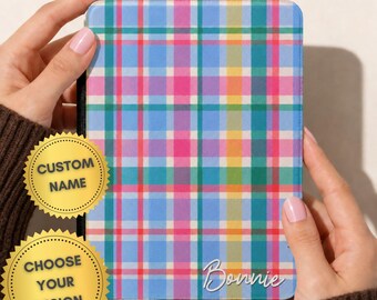 Personalized Kindle Case with Hand Strap, Colorful Gingham Kindle 7 Cover, Custom Name Case, Paperwhite 7'', Kindle Colorsoft Case