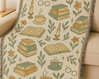 Book Lover Woven Cotton Throw Blanket, Cottagecore Reading Nook Decor