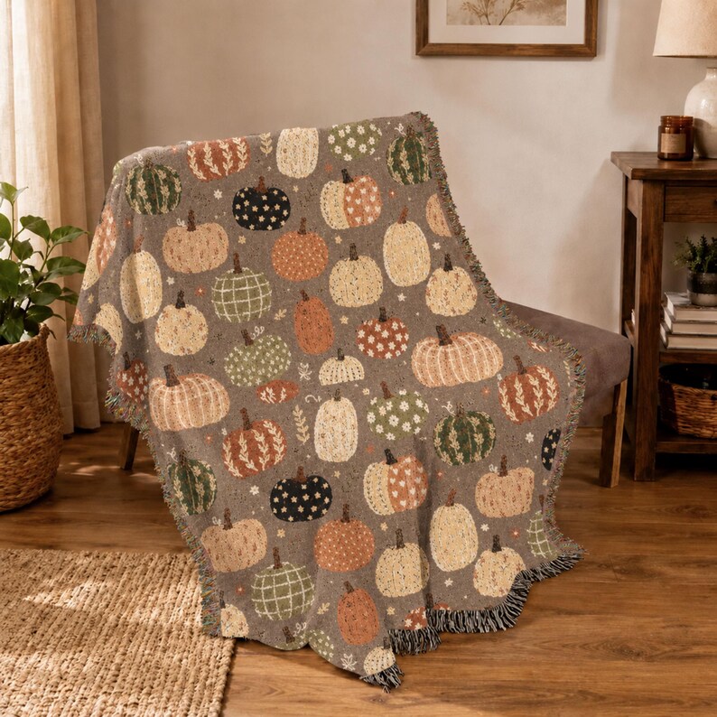 Vintage-inspired pumpkin woven blanket with decorative patchwork pumpkins surrounded by vibrant fall florals and foliage. The warm earthy palette and fringed edges create a cozy seasonal throw for chilly evenings, Halloween decorating, or Thanksgiving home accents.