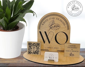 Custom Wood Business Display | Logo, QR Code, and Business Cards