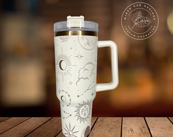 40oz Copper & Cream Insulated Tumbler | Celestial Wrap Around Design | Laser Engraved