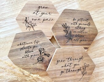 Laser Engraved Wood Motivational Coasters-Set of 4, Minimal Floral Design, Therapy Gifts, Quote Coasters, Housewarming, Office